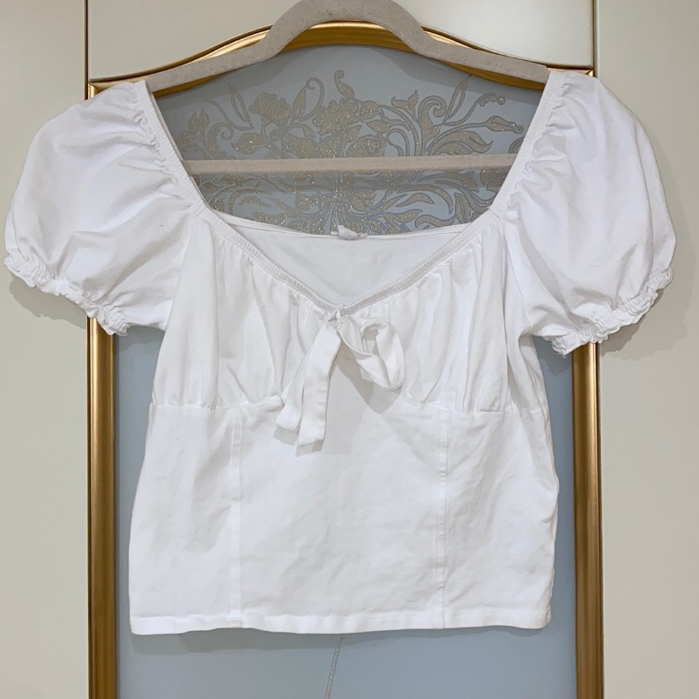 Garage White Off the Shoulder Crop Top Balloon Sleeve